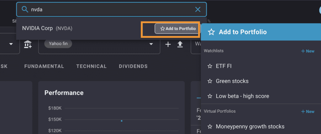 How to add stocks and ETFs to a virtual portfolio or watchlist?