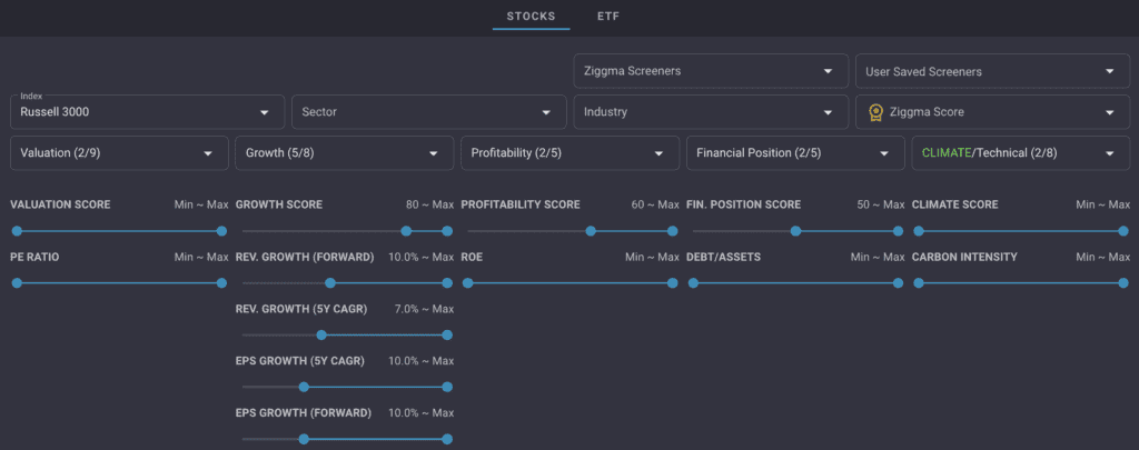 Screening for growth stock with Ziggma's free stock screener